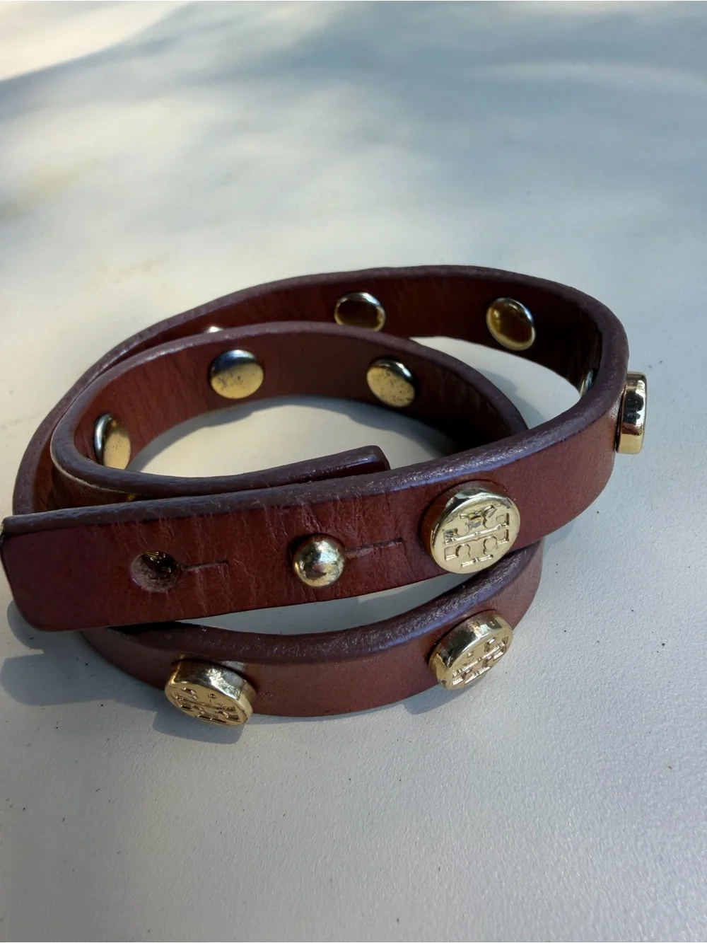 Tory Burch Brown Leather Double-Wrap Bracelet with Gold Logos